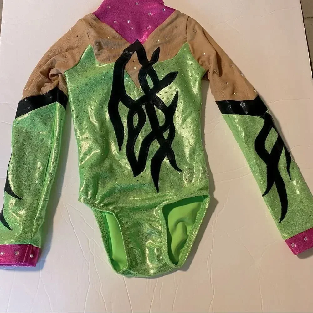 Ozone gymnastics green competition long sleeve custom leotard rhinestone YXS